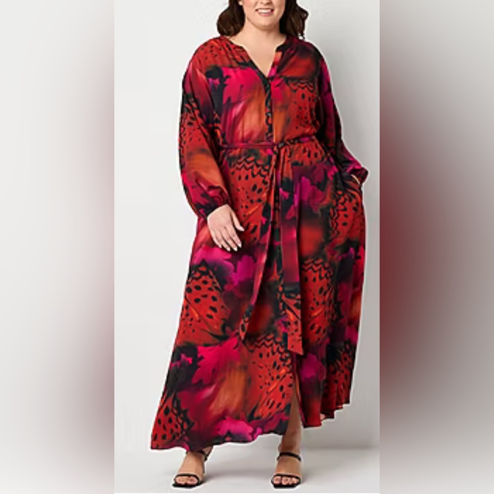 Premier Amour Womens Plus 24W Maxi Dress Long Sleeve‎ Crepe Black Multi New